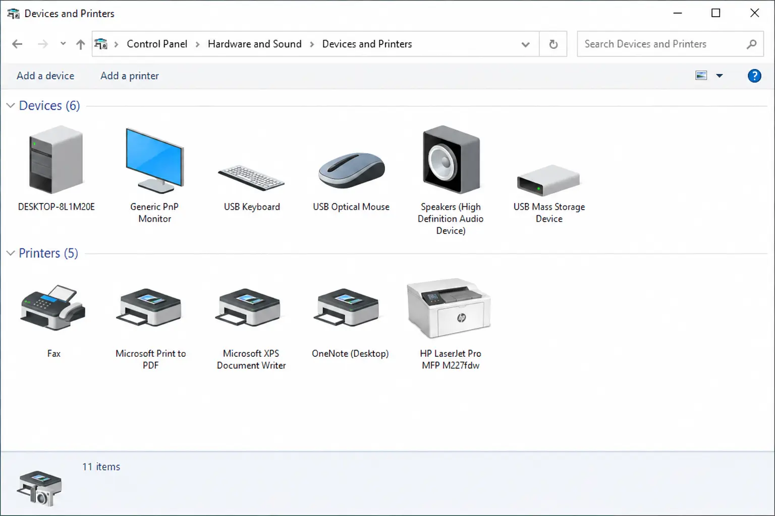 Hardware and Sound → Devices and Printers